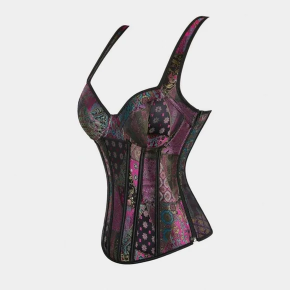 NWT Patchwork Multicolor Floral Jacquard Lace Up Corset SZ L - Picture 2 of 15